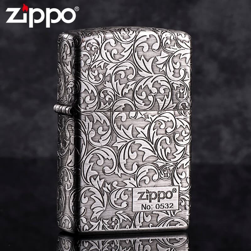 ZIPP0 керосиновая ветрозащитная зажигалка, пятисторонняя трава Тан, древнее серебро, глубокая резьба,…